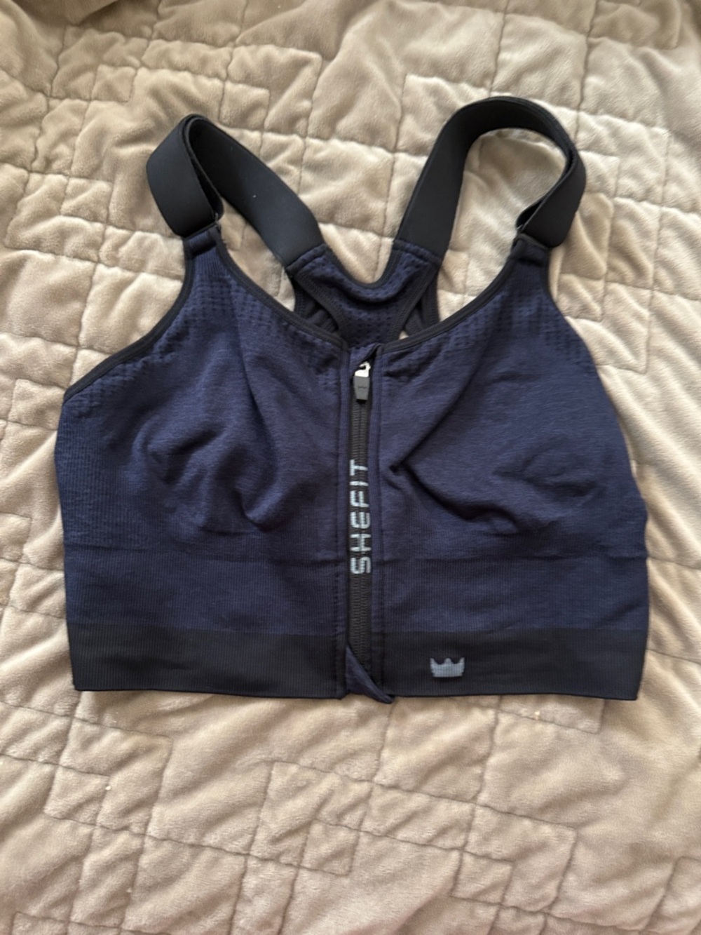 SHEFIT Navy Front-Zip High-Support Sports Bra with Wide Straps